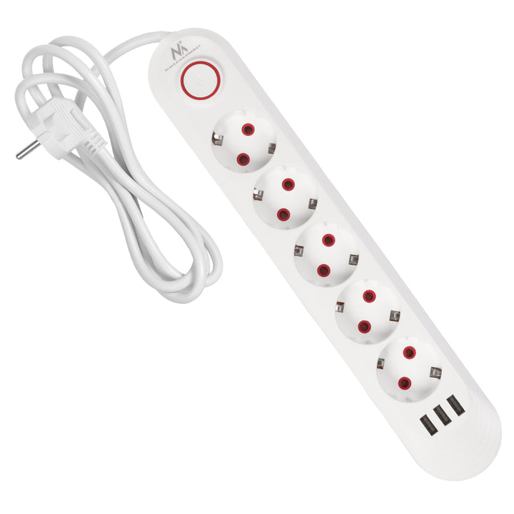 Napájacia lišta Maclean, predlžovací kábel s 5 zásuvkami + 3xUSB, 110-240 V AC 50/60 Hz, 2,1 A max. 2500 W, 1,5 m, biela, MCE395 W