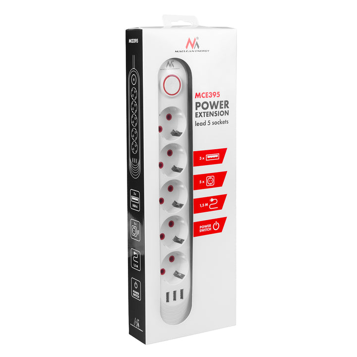 Napájacia lišta Maclean, predlžovací kábel s 5 zásuvkami + 3xUSB, 110-240 V AC 50/60 Hz, 2,1 A max. 2500 W, 1,5 m, biela, MCE395 W