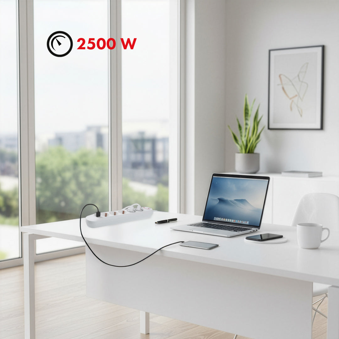 Napájacia lišta Maclean, predlžovací kábel s 5 zásuvkami + 3xUSB, 110-240 V AC 50/60 Hz, 2,1 A max. 2500 W, 1,5 m, biela, MCE395 W