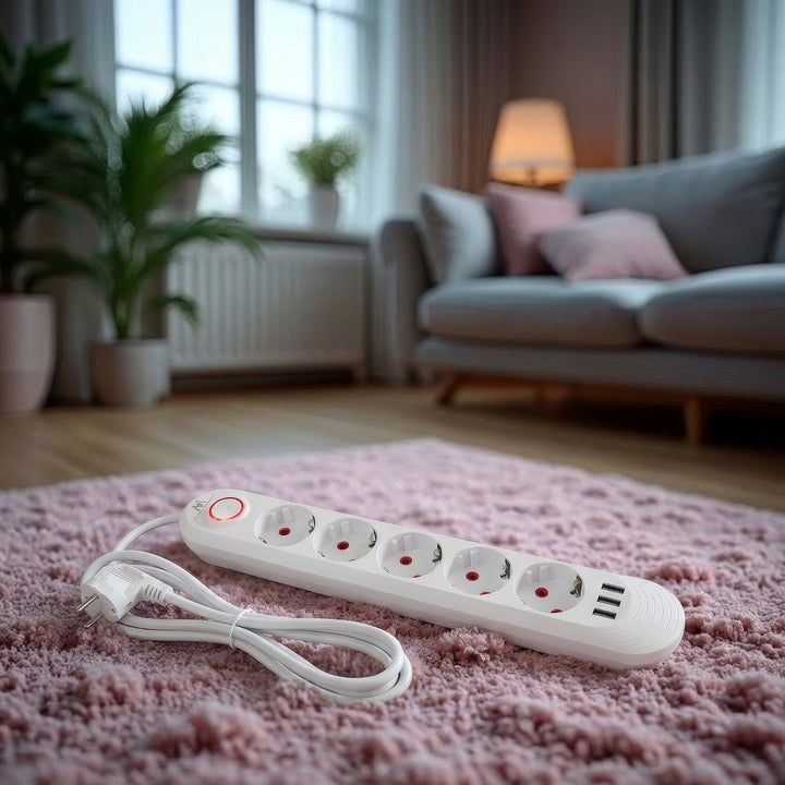 Napájacia lišta Maclean, predlžovací kábel s 5 zásuvkami + 3xUSB, 110-240 V AC 50/60 Hz, 2,1 A max. 2500 W, 1,5 m, biela, MCE395 W