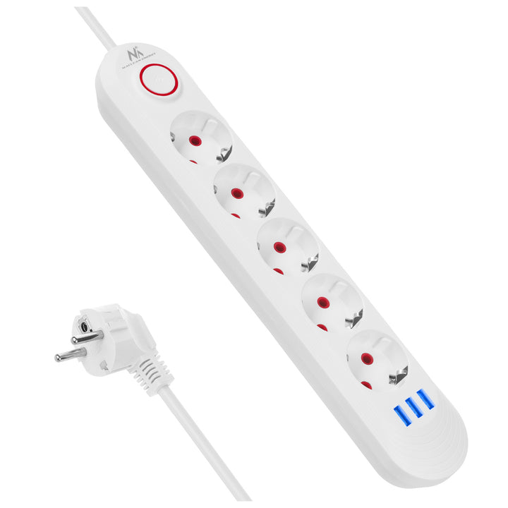 Napájacia lišta Maclean, predlžovací kábel s 5 zásuvkami + 3xUSB, 110-240 V AC 50/60 Hz, 2,1 A max. 2500 W, 1,5 m, biela, MCE395 W
