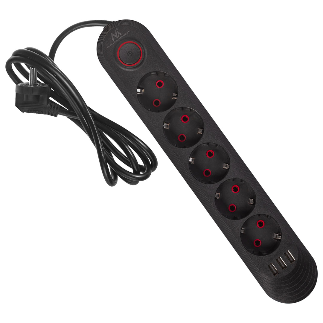 Napájacia lišta Maclean, predlžovací kábel s 5 zásuvkami + 3xUSB, 110-240 V AC 50/60 Hz, 2,1 A max. 2500 W, 1,5 m, čierna, MCE395 B