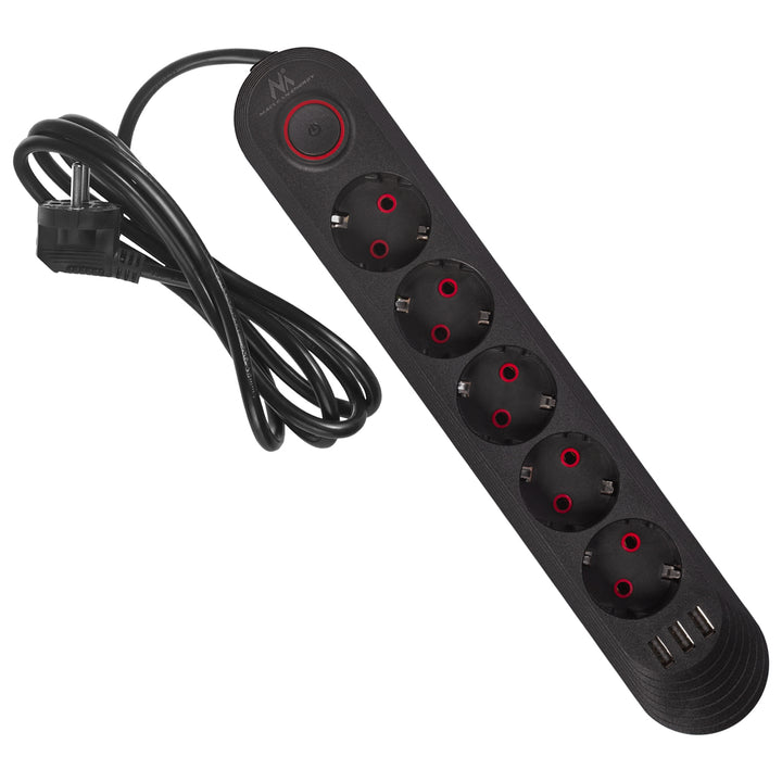 Napájacia lišta Maclean, predlžovací kábel s 5 zásuvkami + 3xUSB, 110-240 V AC 50/60 Hz, 2,1 A max. 2500 W, 1,5 m, čierna, MCE395 B