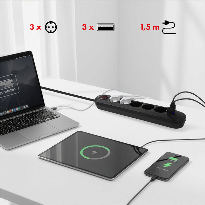 Napájacia lišta Maclean, predlžovací kábel s 5 zásuvkami + 3xUSB, 110-240 V AC 50/60 Hz, 2,1 A max. 2500 W, 1,5 m, čierna, MCE395 B
