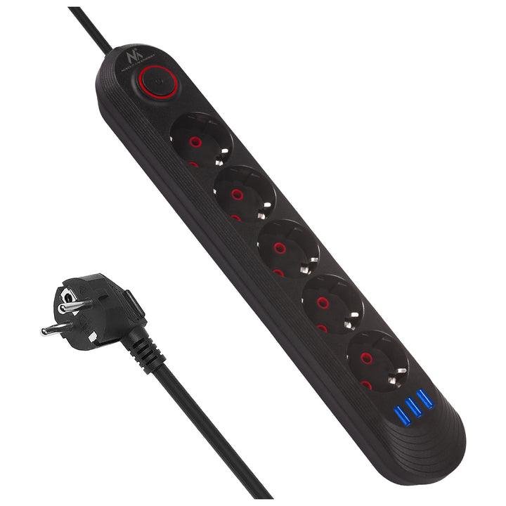 Napájacia lišta Maclean, predlžovací kábel s 5 zásuvkami + 3xUSB, 110-240 V AC 50/60 Hz, 2,1 A max. 2500 W, 1,5 m, čierna, MCE395 B