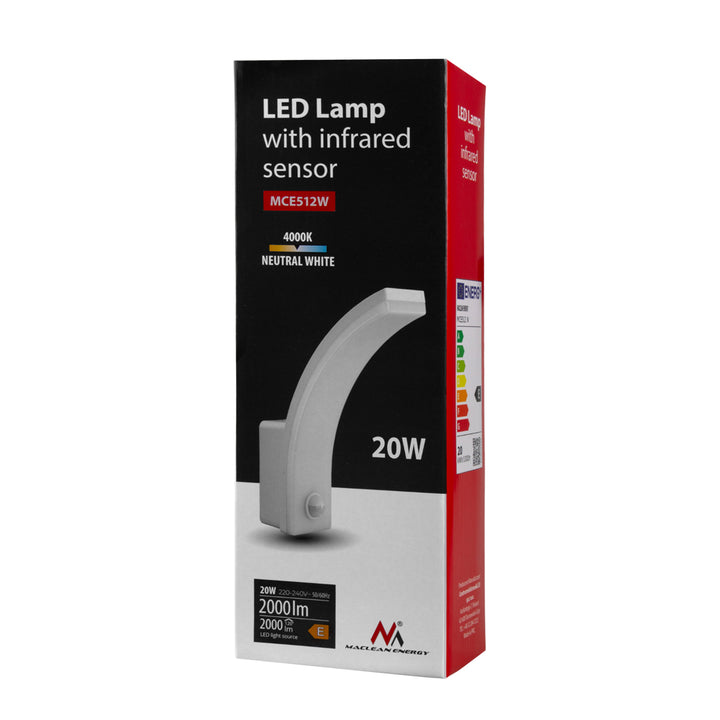 Maclean LED lampa so senzorom pohybu, PIR senzor pohybu, biela, 20W, IP65, 2000lm, neutrálna biela (4000K) MCE512 W, 4 kusy