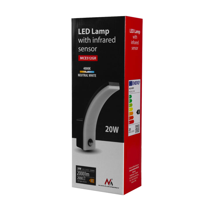 Maclean LED lampa so senzorom pohybu, PIR senzor pohybu, sivá, 20W, IP65, 2000lm, neutrálna biela (4000K) MCE512 GR, 4 kusy
