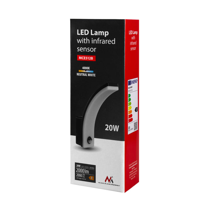 Maclean LED lampa so senzorom pohybu, PIR senzor pohybu, čierna, 20W, IP65, 2000lm, neutrálna biela (4000K) MCE512 B, 2 kusy