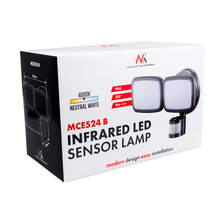 Nástenná LED lampa Maclean, s PIR senzorom, 20 W, 1500 lm, IP65, neutrálna biela 4000 K, čierna, MCE524 B