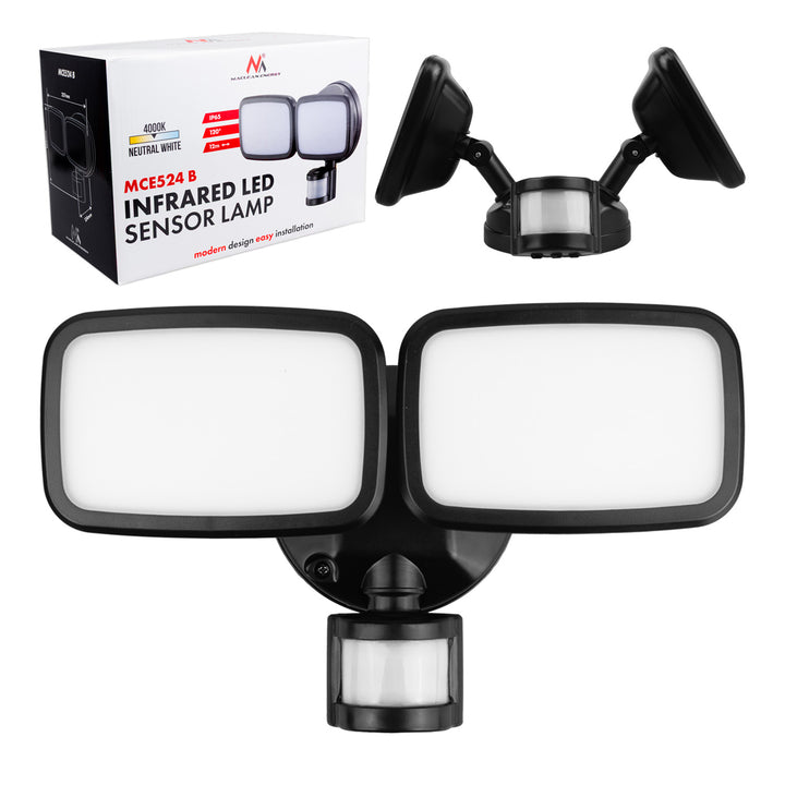 Nástenná LED lampa Maclean, s PIR senzorom, 20 W, 1500 lm, IP65, neutrálna biela 4000 K, čierna, MCE524 B