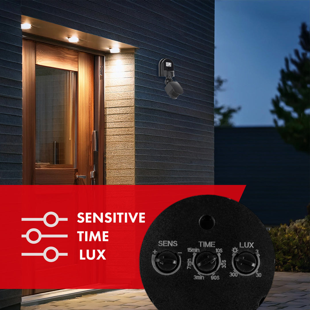 Nástenný snímač pohybu a súmraku Maclean, 180°, max. 1200 W, čierny s čiernym krytom, MCE25 B/B