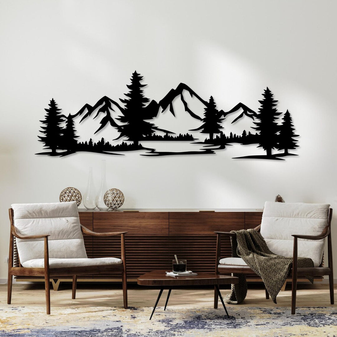 Aranžérsky obraz, 3D dekorácia na stenu, 3D obraz "Hory s lesom" 80x27cm Čierna