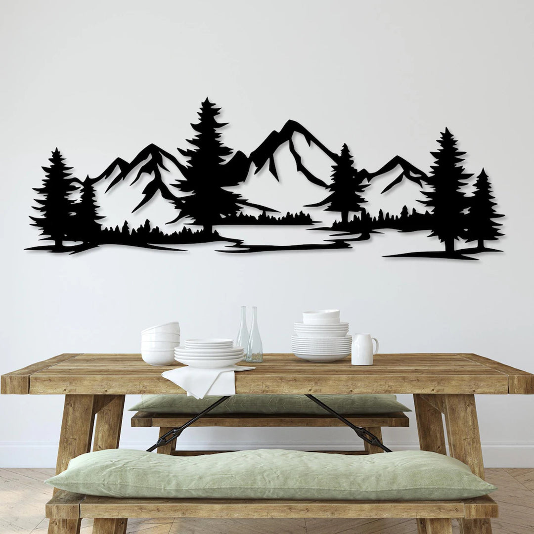 Aranžérsky obraz, 3D dekorácia na stenu, 3D obraz "Hory s lesom" 80x27cm Čierna