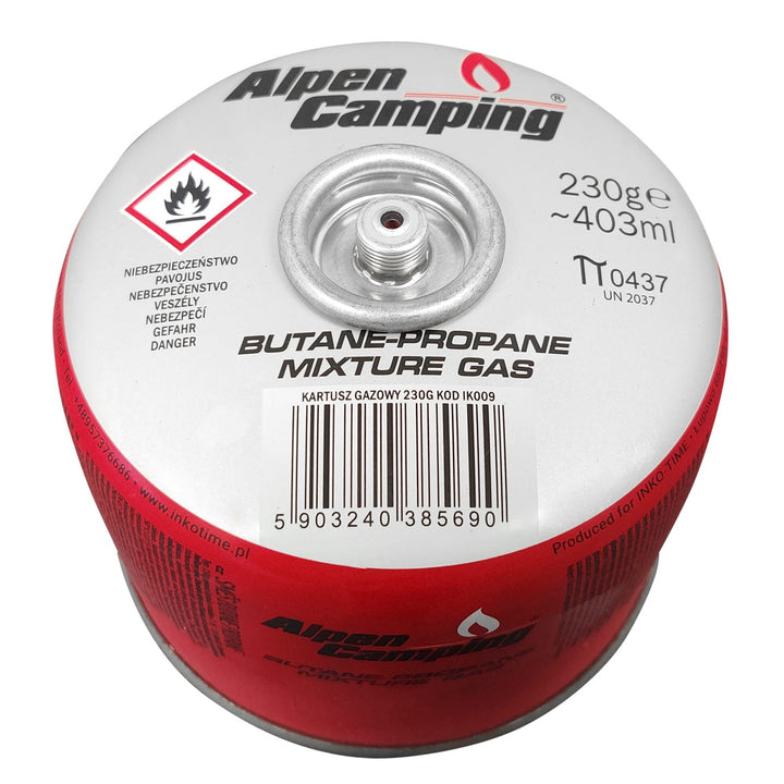 Plynová kartuša 230g Alpen Camping. Certifikát: Rozsah -10 °C až + 40 °C, závitový ventil 7/16" IK009