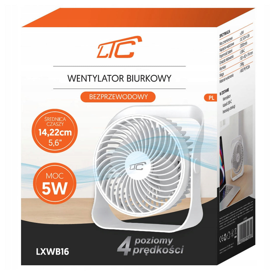 Bezdrôtový stolný ventilátor LTC, nabíjanie cez USB C, 4 úrovne rýchlosti, batéria 2000 mAh, LXWB16