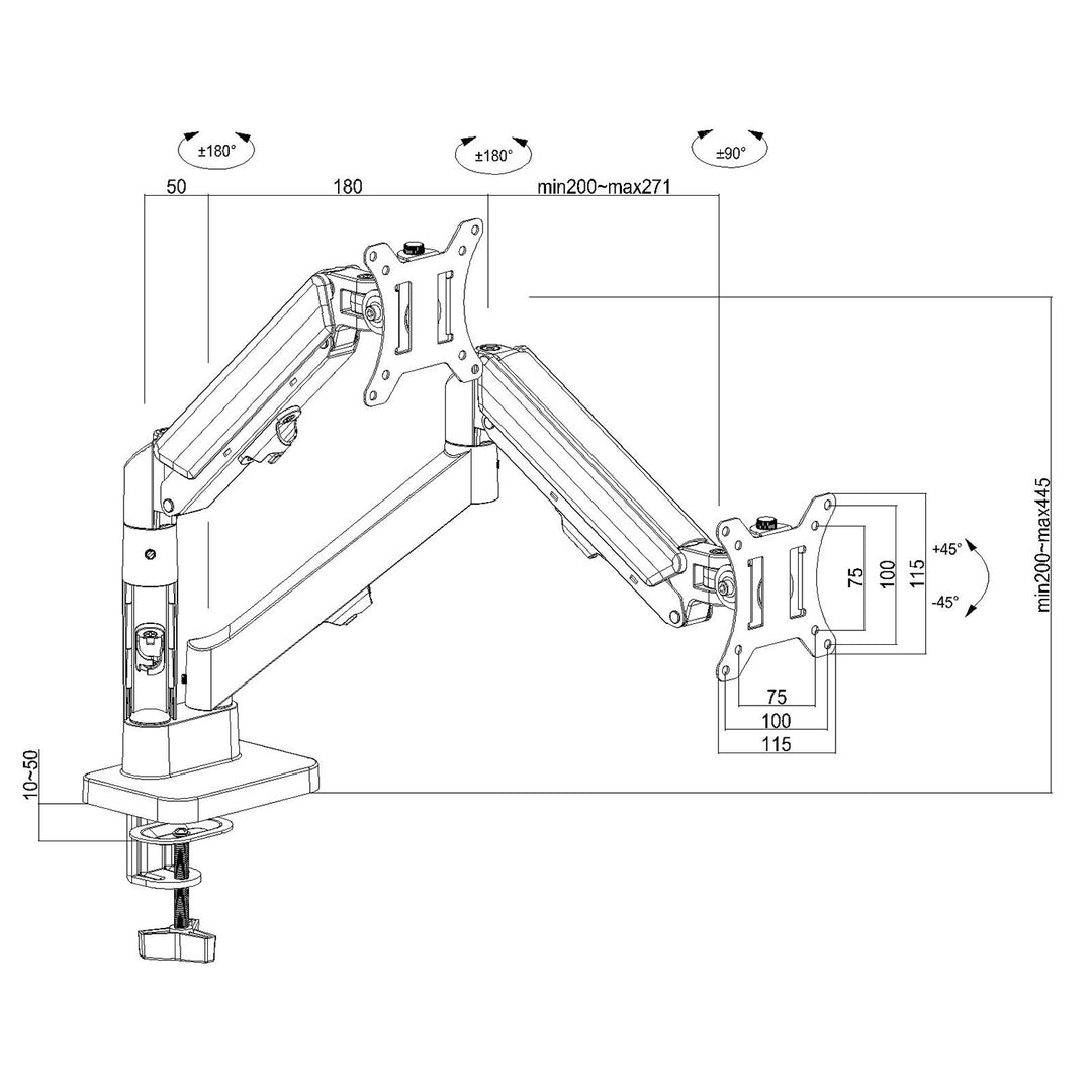 Držiak pre 2 monitory Maclean, plynová pružina, 17"-32", 2-10 kg, čierny, MC-134