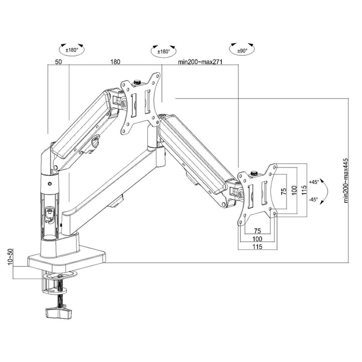 Držiak pre 2 monitory Maclean, plynová pružina, 17"-32", 2-10 kg, čierny, MC-134