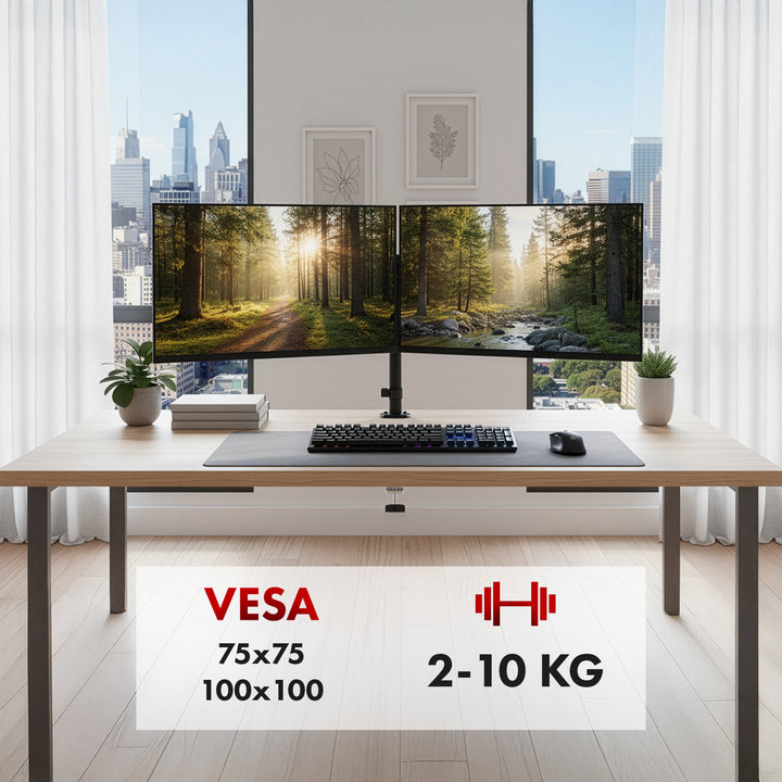 Držiak pre 2 monitory Maclean, plynová pružina, 17"-32", 2-10 kg, čierny, MC-136