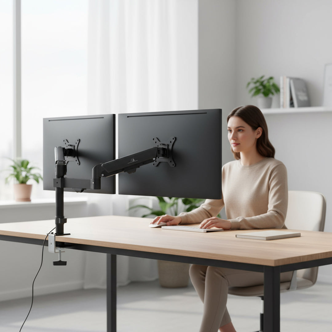 Držiak pre 2 monitory Maclean, plynová pružina, 17"-32", 2-10 kg, čierny, MC-136