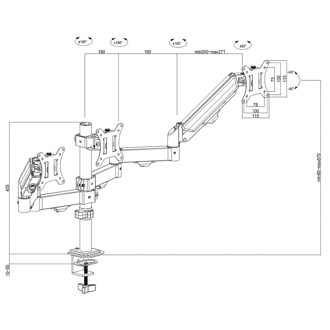 Držiak pre 3 monitory Maclean, plynová pružina, 17"-27", 2-8 kg, čierny, MC-137