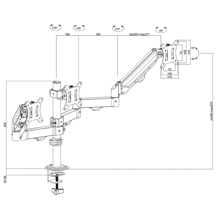 Držiak pre 3 monitory Maclean, plynová pružina, 17"-27", 2-8 kg, čierny, MC-137