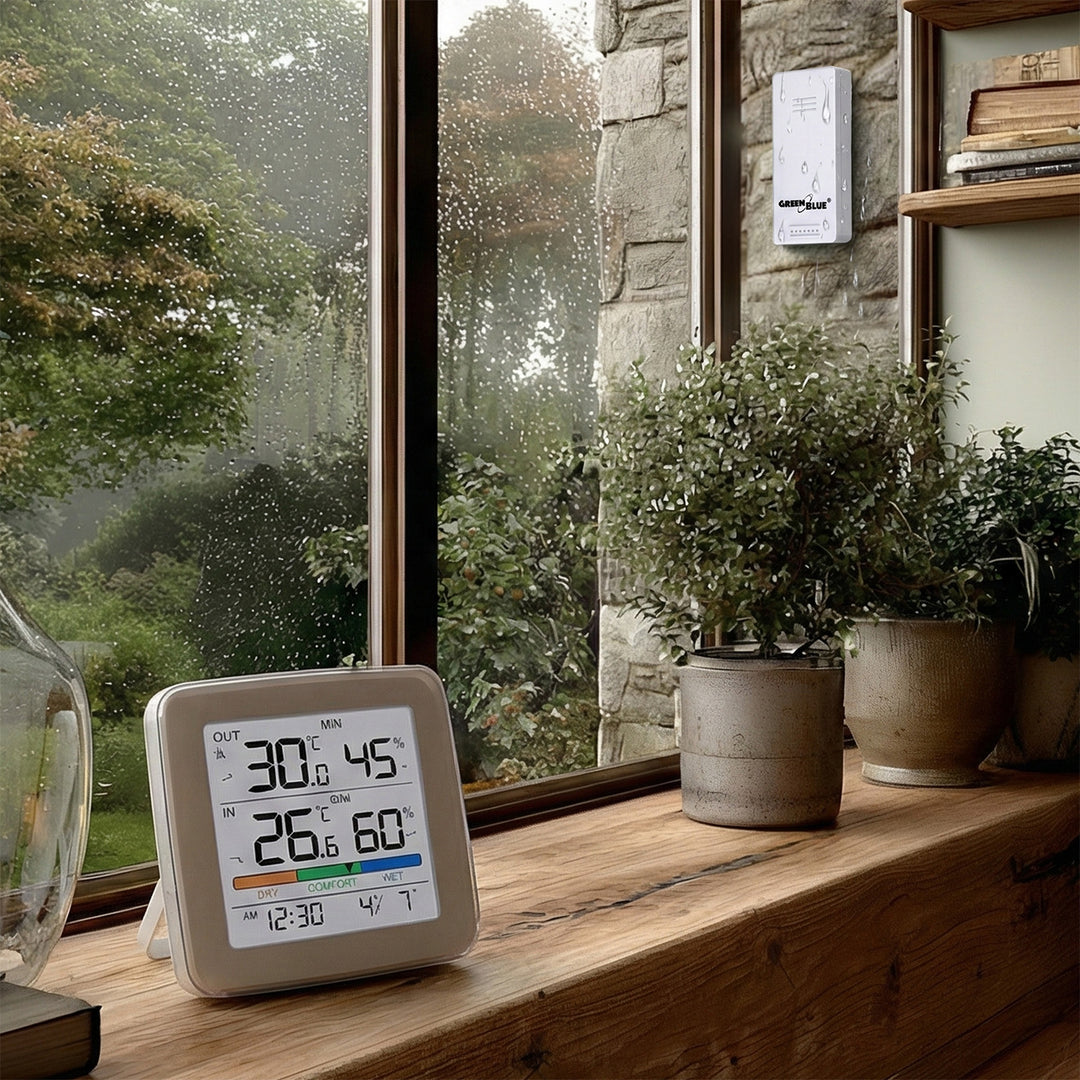 Bezdrôtová meteorologická stanica GreenBlue, teplota + vlhkosť IN/OUT, hodiny + budík + dátum, voliteľné °C / °F, dosah až 60 m, GB169