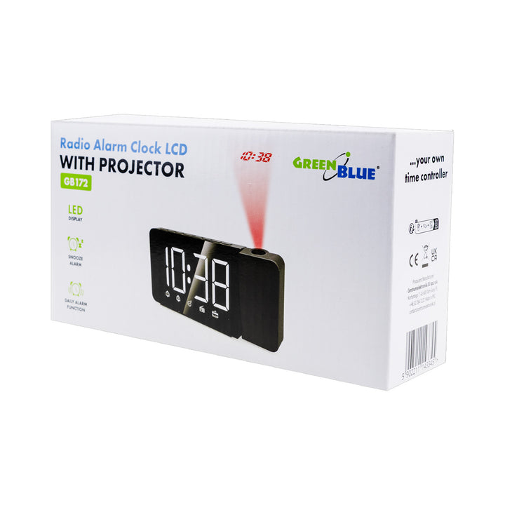 Digitálne LED rádiobudík s projektorom GreenBlue, FM rádiom, budíkom, 12/24 hodinami, 5V DC USB napájaním + CR2032, GB172