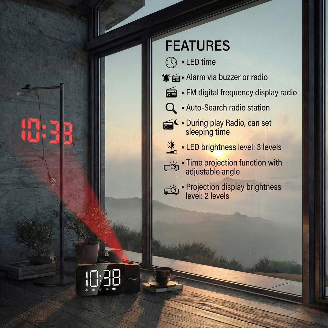 Digitálne LED rádiobudík s projektorom GreenBlue, FM rádiom, budíkom, 12/24 hodinami, 5V DC USB napájaním + CR2032, GB172