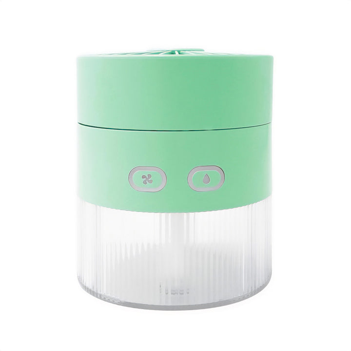 Stolný ventilátor so zvlhčovaním vzduchu. Objem 350 ml. Hmla 40 ml/h. Napájanie cez USB-C.
