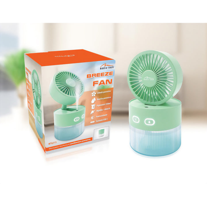 Stolný ventilátor so zvlhčovaním vzduchu. Objem 350 ml. Hmla 40 ml/h. Napájanie cez USB-C.