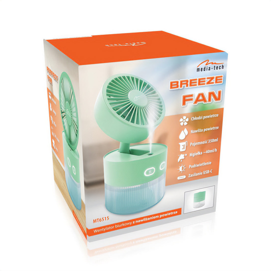 Stolný ventilátor so zvlhčovaním vzduchu. Objem 350 ml. Hmla 40 ml/h. Napájanie cez USB-C.