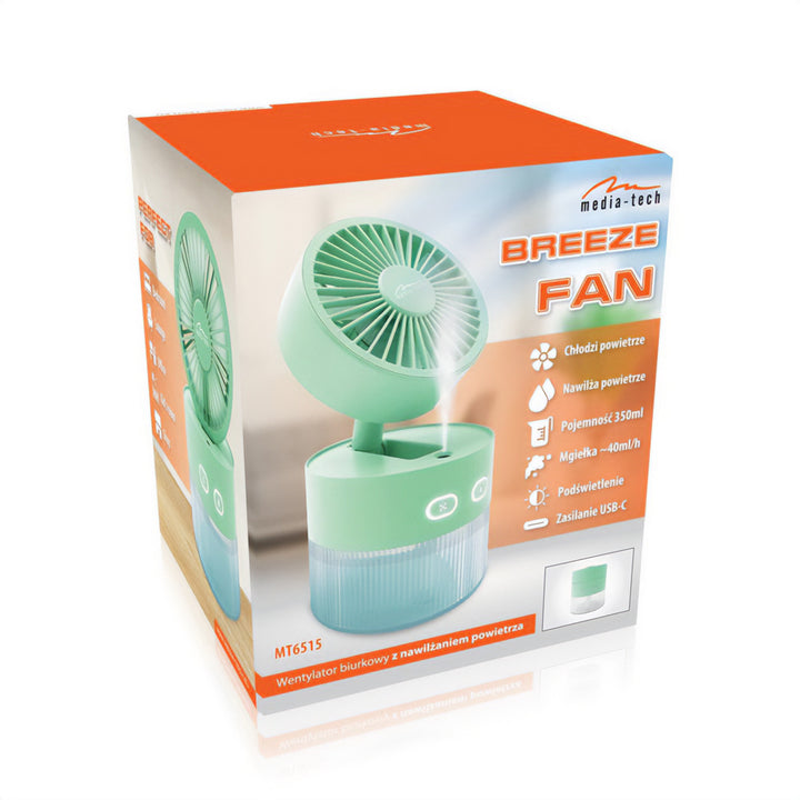 Stolný ventilátor so zvlhčovaním vzduchu. Objem 350 ml. Hmla 40 ml/h. Napájanie cez USB-C.