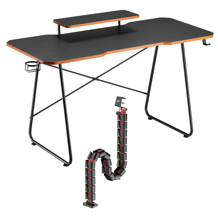 Herný stôl s policou na monitor NanoRS, max. 50 kg, výška 850 mm, čierny, RS170+Rozvádzač káblov / mriežka na stôl Nano RS, 1345 mm, čierna a červená, RS125