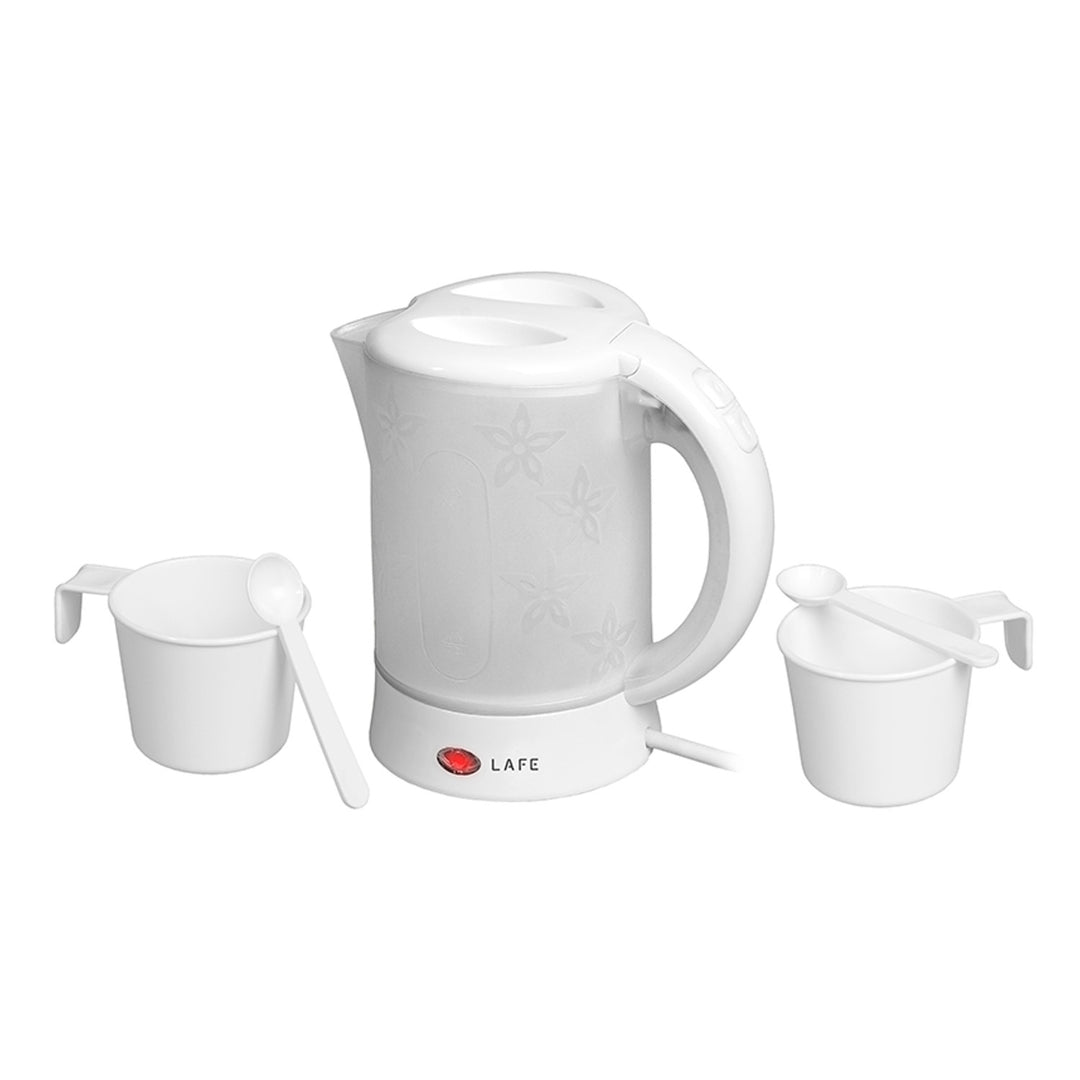 Rýchlovarná kanvica Lafe, turistická, 600 W, objem 0,6 l, 2 šálky, 2 lyžice, biela, Scandi