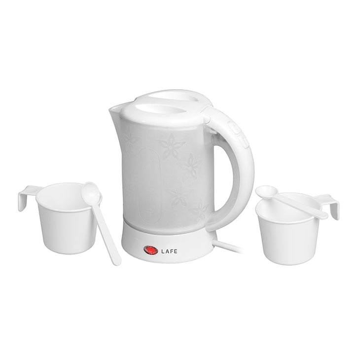 Rýchlovarná kanvica Lafe, turistická, 600 W, objem 0,6 l, 2 šálky, 2 lyžice, biela, Scandi