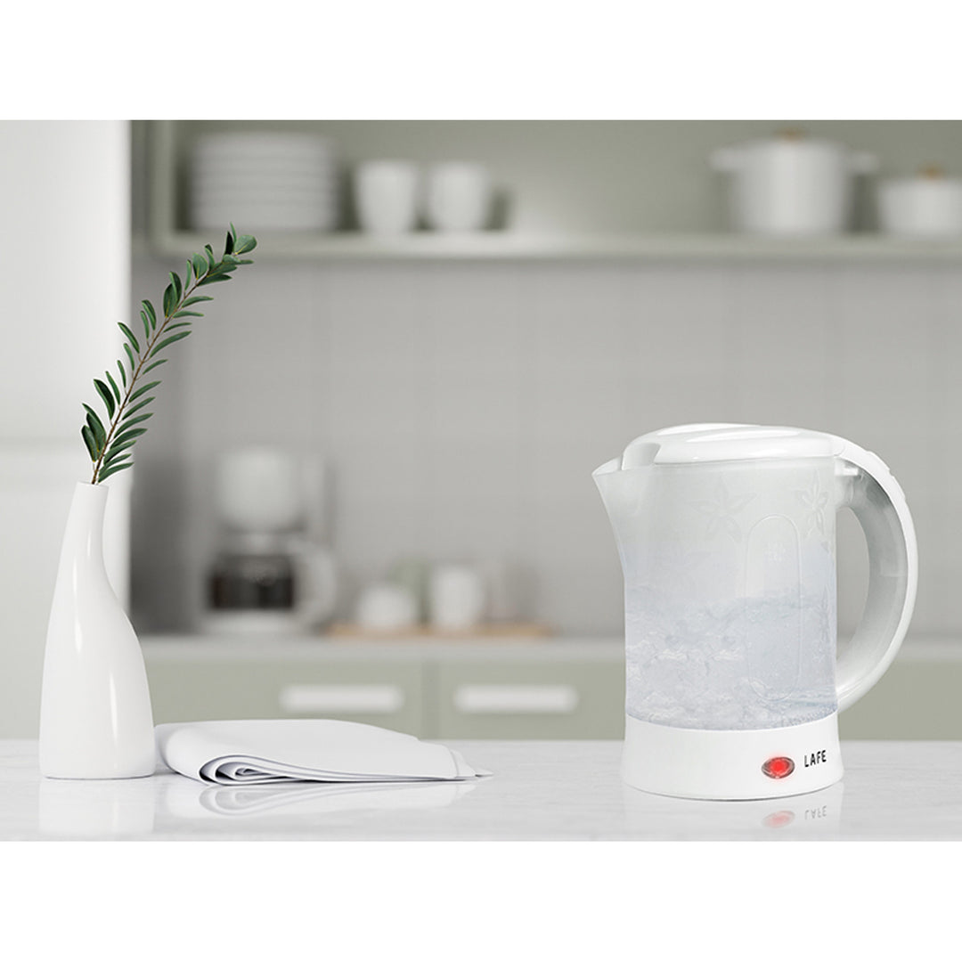 Rýchlovarná kanvica Lafe, turistická, 600 W, objem 0,6 l, 2 šálky, 2 lyžice, biela, Scandi