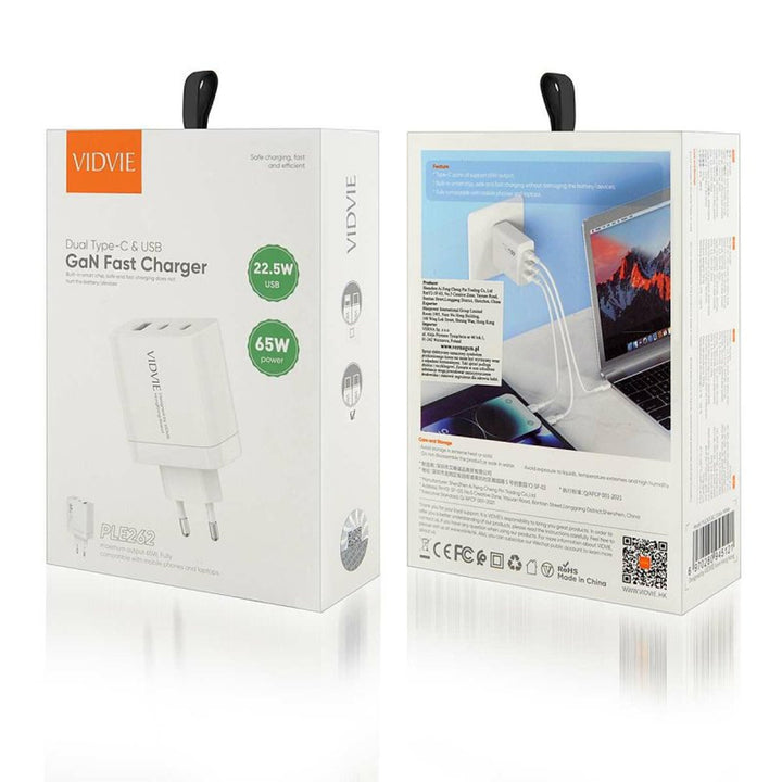Sieťová nabíjačka VIDVIE, 3A, 65W, 2x USB-C, 1x USB, kábel USB-C/USB-C, PLE262