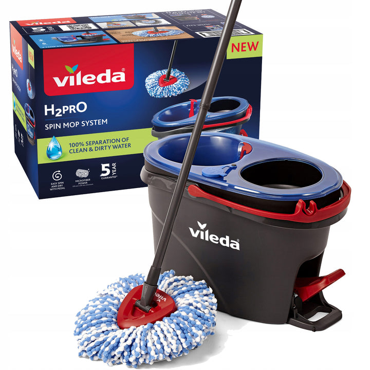 Rotačný mop Vileda, dve komory, odstredivý systém, sklopná tyč, jednoduché čistenie rohov, turbo H2prO