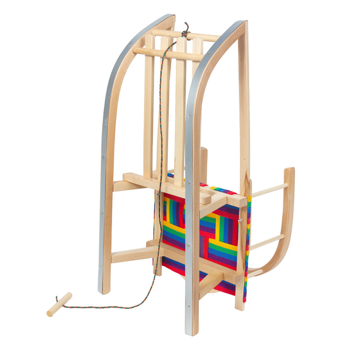 Zelenomodré drevené sánky, operadlo, textilné sedadlo, šnúra, do 100 kg, GB154