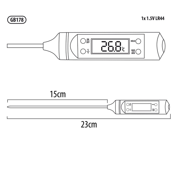 Teplomer/sonda na potraviny, zelenomodrý, dĺžka sondy 15 cm, teplotný rozsah -50 °C až +300 °C, presnosť 0,1 °C, GB178, 3 ks.