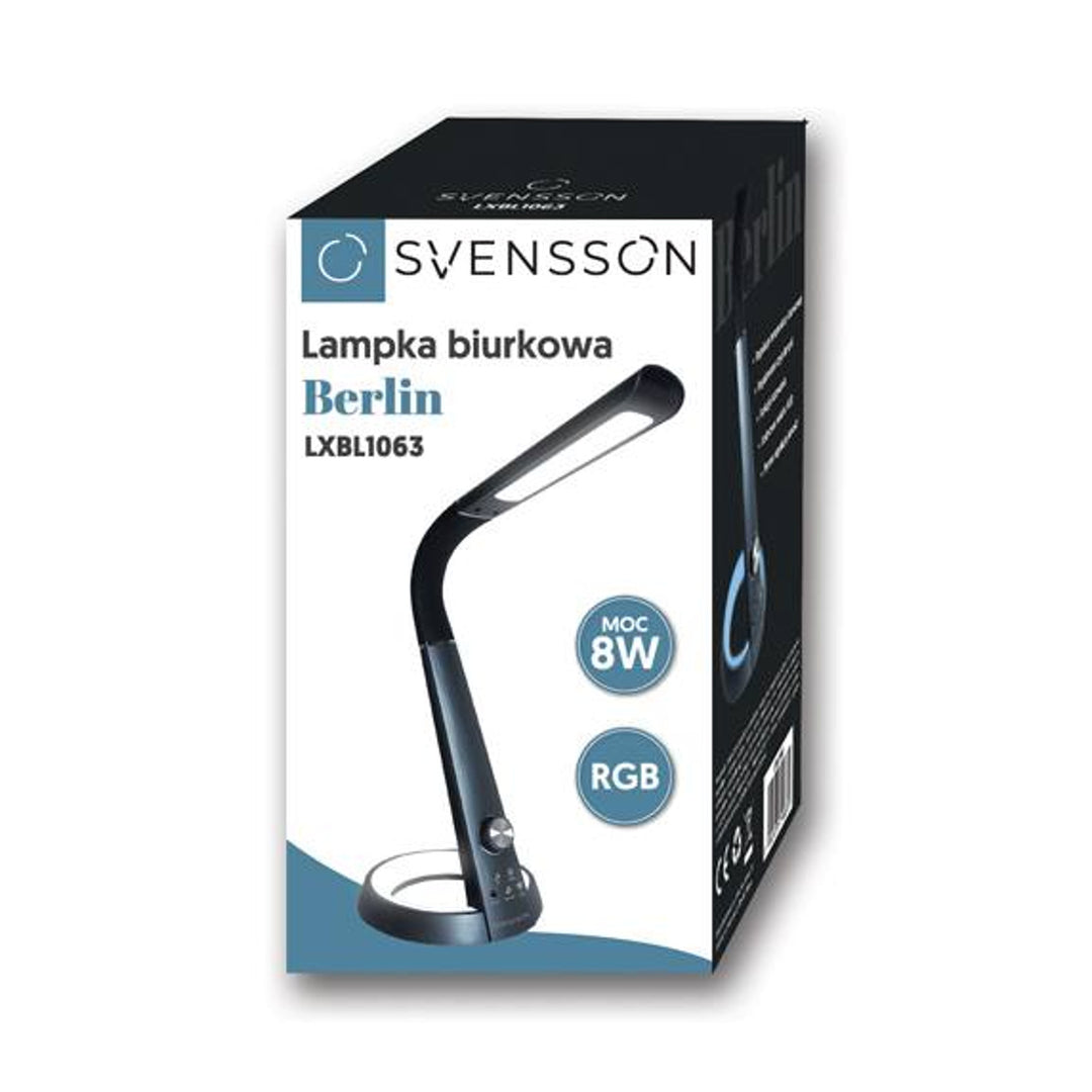 Kancelárska lampa Svensson, 450 lumenov, výkon 8 W, tri teploty svetla, funkcia nabíjania mobilných zariadení, RGB základňa, LXBL1063