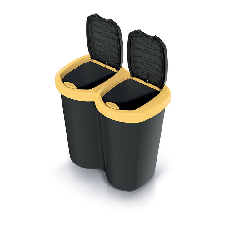 Odpadkový kôš Compacta B Duo, žlto-čierny, objem 40 l, jedna priehradka, dve veká, nástenná verzia, NDBS40-1215C_S411