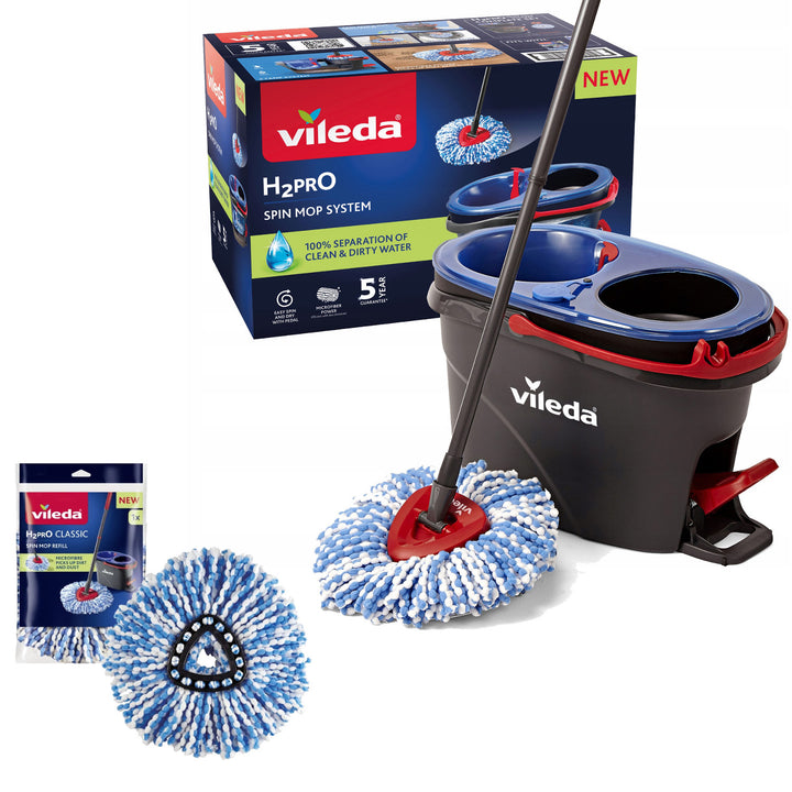 Rotačný mop Vileda, dve komory, odstredivý systém, sklopná tyč, jednoduché čistenie rohov, turbo H2prO + extra kazeta