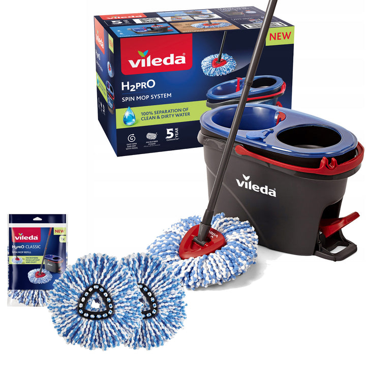 Rotačný mop Vileda, dve komory, odstredivý systém, sklopná tyč, jednoduché čistenie rohov, turbo H2prO + 2 náhradné kazety