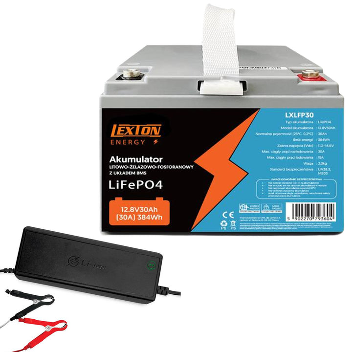 LiFePo4 Lexton lítiovo-železito-fosfátová batéria, s BMS, 12,8 V, 30 Ah, LXLFP30 + nabíjačka LTC Energy LiFePO4