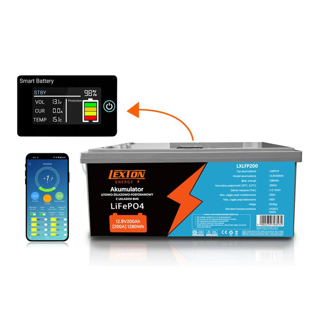 LiFePo4 Lexton lítium-železofosfátová batéria, s BMS, 12,8 V, 200 Ah, LXLFP200 + nabíjačka LTC Energy LiFePO4