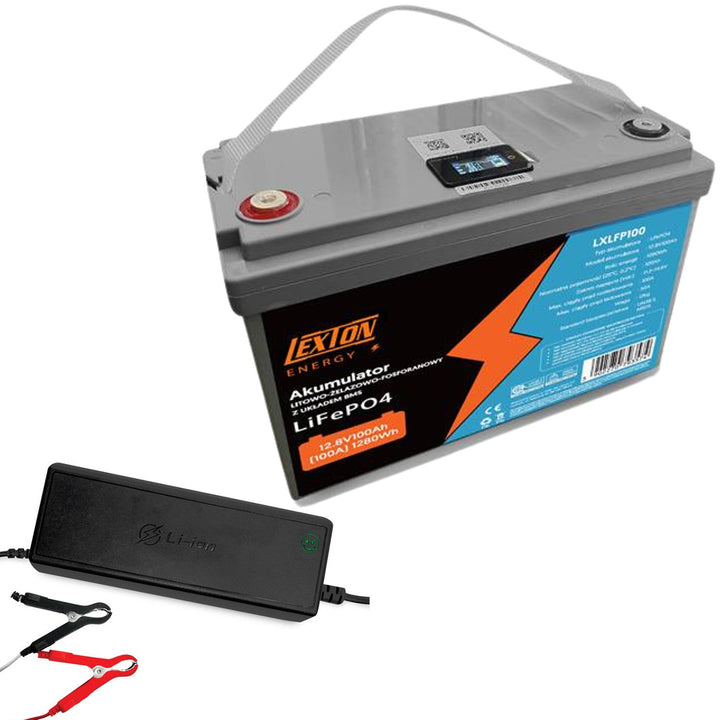LiFePo4 Lexton lítium-železo-fosfátová batéria, s BMS, 12,8 V, 100 Ah, LXLFP100 + nabíjačka LTC Energy LiFePO4