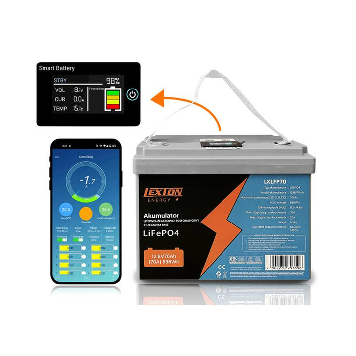 Batéria Lexton LiFePo4, lítium-železitý fosfát, s BMS, 12,8 V, 70 Ah, LXLFP70 + usmerňovač LTC Energy LiFePO4