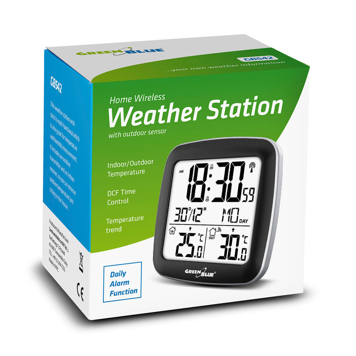Bezdrôtová meteostanica GreenBlue, s DCF, kalendárom, budíkom, GB542 + 4x alkalická batéria Varta Industrial AAA
