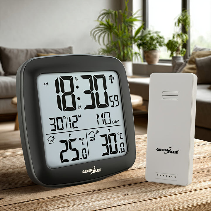 Bezdrôtová meteostanica GreenBlue, s DCF, kalendárom, budíkom, GB542 + 4x alkalická batéria Varta Industrial AAA